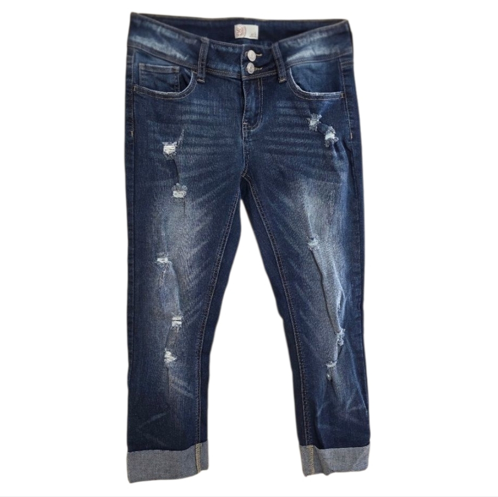 SO Juniors Jeans Distressed Boyfriend Cuffed Ankle Medium Wash Denim Size 9